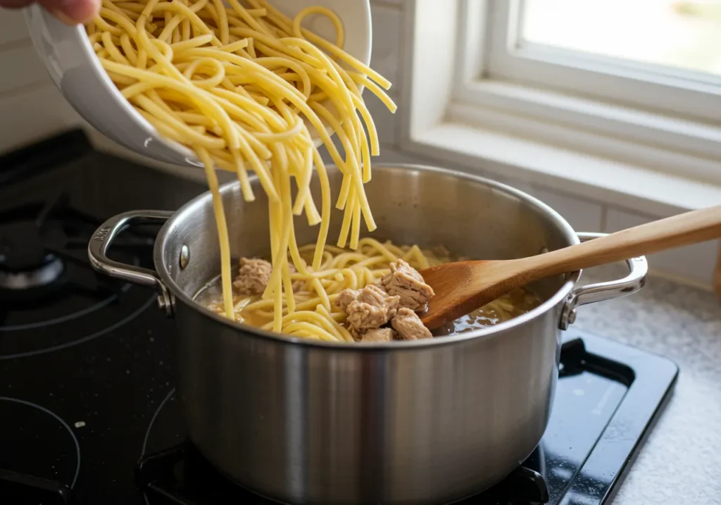 Pot of soup with noodles and vegan chicken being added, cooking on a stovetop until tender.