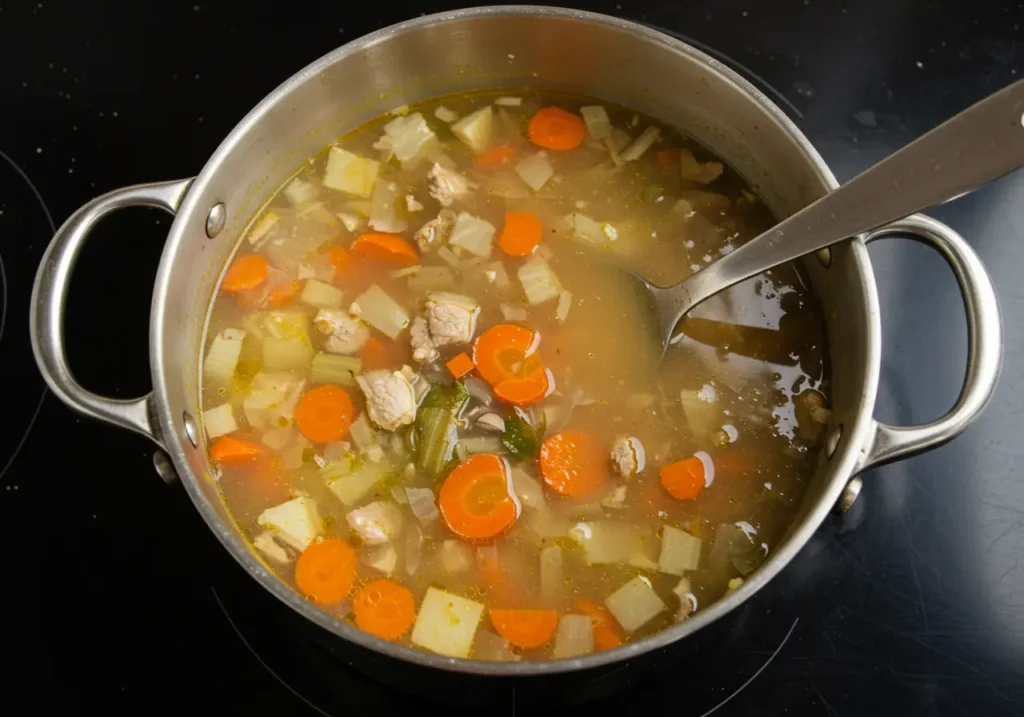 Adding tender, shredded chicken to the simmering soup, blending it with the creamy broth and seasonings for a flavorful meal.