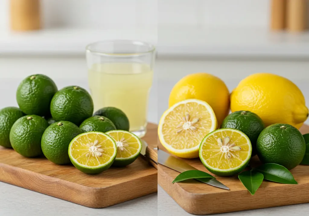 Comparison of calamansi and lemon, showcasing their differences in size, color, and texture.