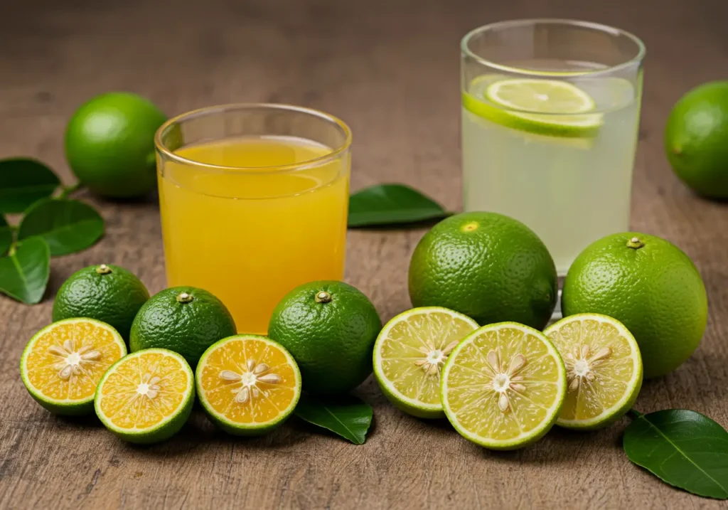 Calamansi and lime comparison showing their size, color, and texture differences.