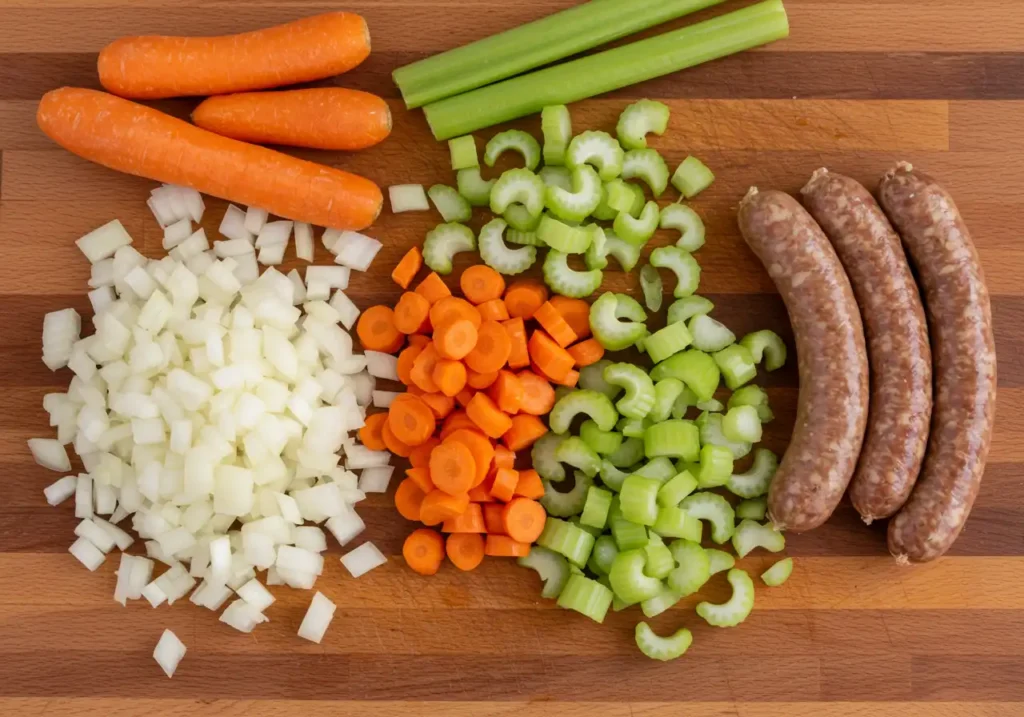 Chopped carrots, onions, and celery arranged on a cutting board, ready to be added to a flavorful soup.