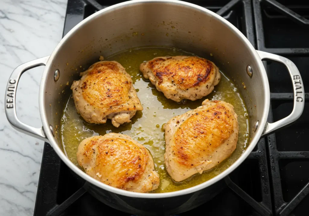 Cooking chicken in a large pot with olive oil, seasoned with salt and pepper, until golden brown and ready to be shredded for soup.