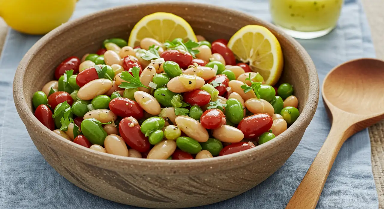 Colorful dense bean salad with mixed beans, fresh vegetables, and a zesty dressing in a large serving bowl.