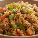 Dirty rice with ground beef served in a skillet, featuring vibrant herbs and perfectly cooked rice.