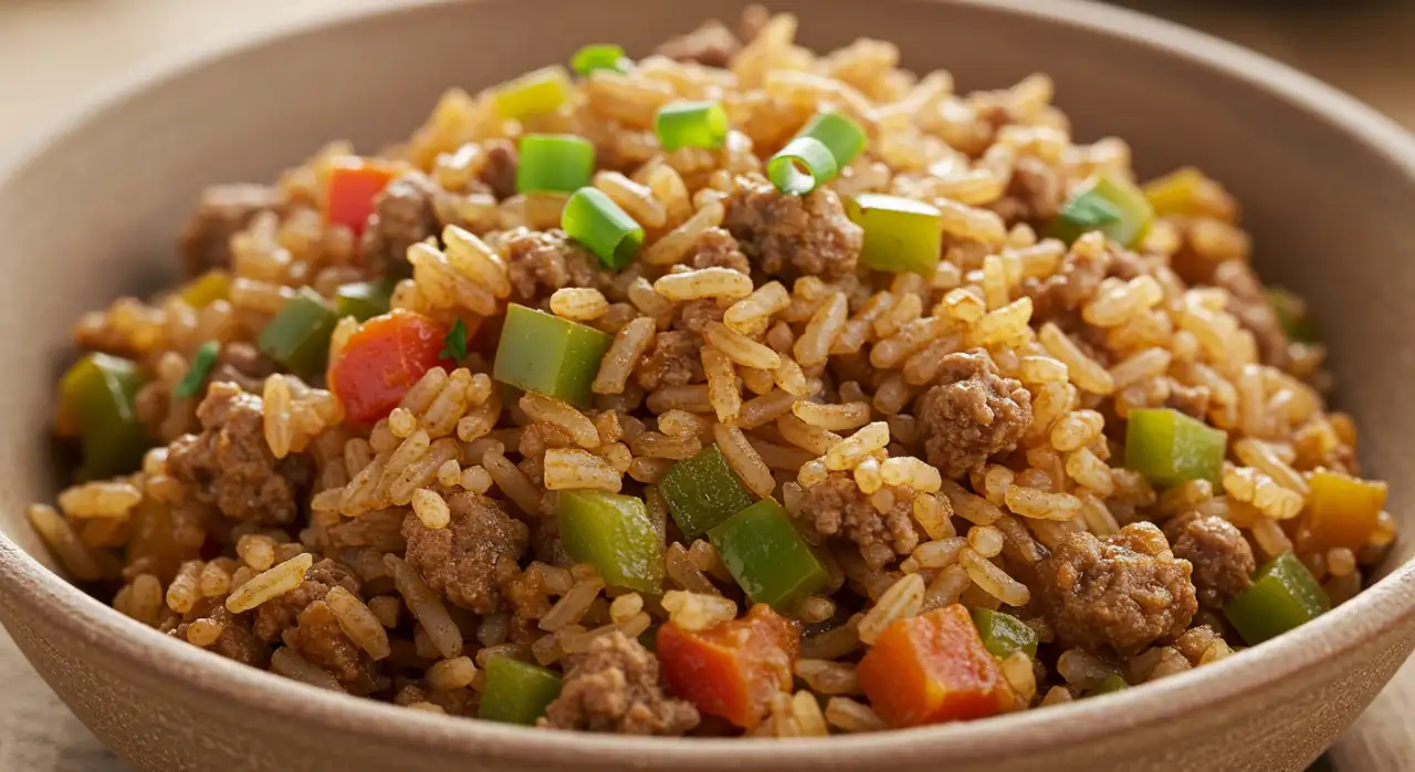 Dirty rice with ground beef served in a skillet, featuring vibrant herbs and perfectly cooked rice.