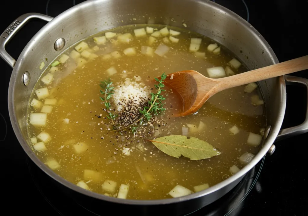 Pot of vegetable soup with garlic, broth, thyme, oregano, and bay leaf simmering on a stovetop.