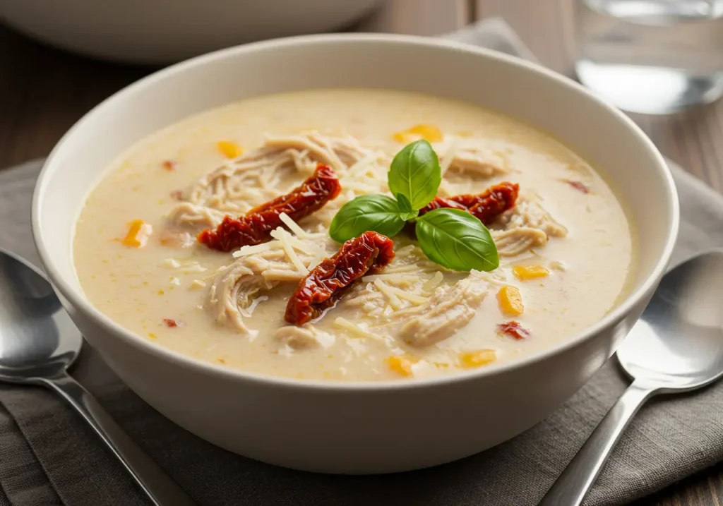 Ladling a hearty serving of soup into bowls, garnished with freshly chopped basil or parsley for a vibrant, flavorful finish.