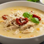 A bowl of Marry Me Chicken Soup, creamy and rich, with shredded chicken, sun-dried tomatoes, and a sprinkle of fresh herbs on top.