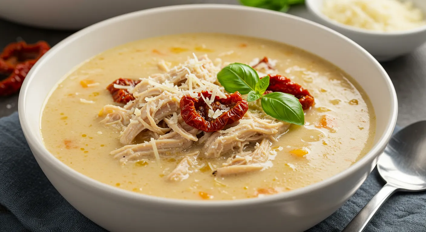 A bowl of Marry Me Chicken Soup, creamy and rich, with shredded chicken, sun-dried tomatoes, and a sprinkle of fresh herbs on top.