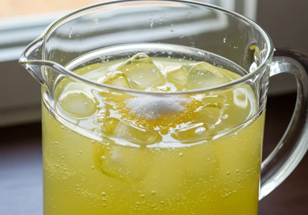 Calamansi juice mixed with cold water and sweetener in a pitcher.