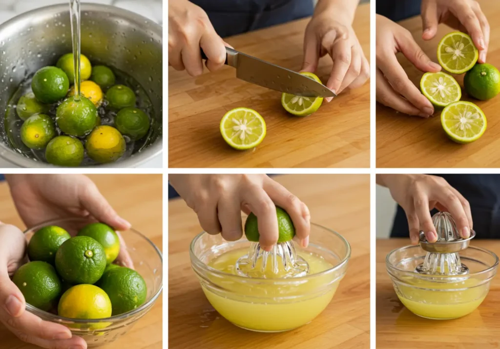 Fresh calamansi fruits being halved and juiced into a bowl.