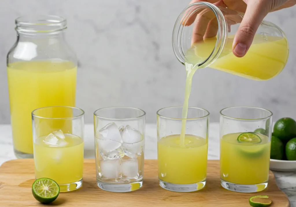 Glasses of calamansi juice with ice cubes and garnished with calamansi slices.