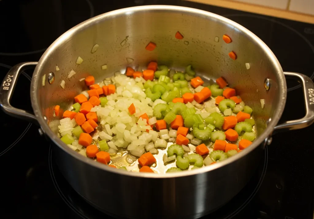 A large pot on a stovetop with olive oil heating, showing diced onions, carrots, and celery being sautéed until softened, creating a flavorful base for soup.