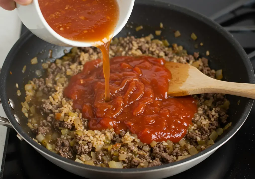 Skillet filled with beef broth, tomato sauce, and rice simmering gently on low heat.