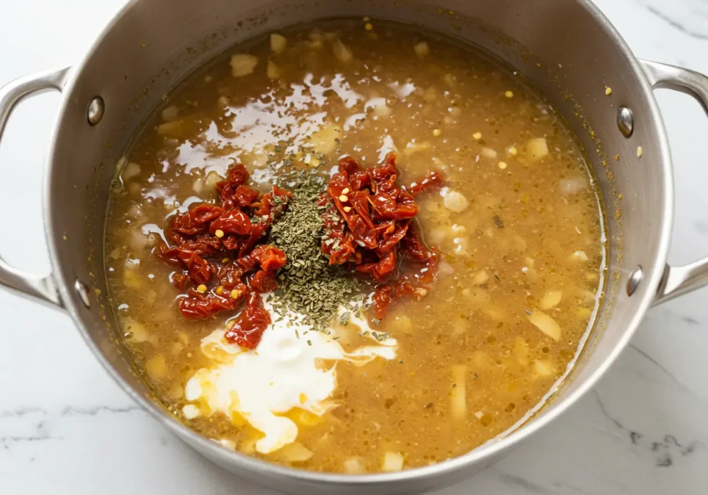 A comforting bowl of creamy chicken soup, featuring tender shredded chicken, sun-dried tomatoes, and a rich, flavorful broth.