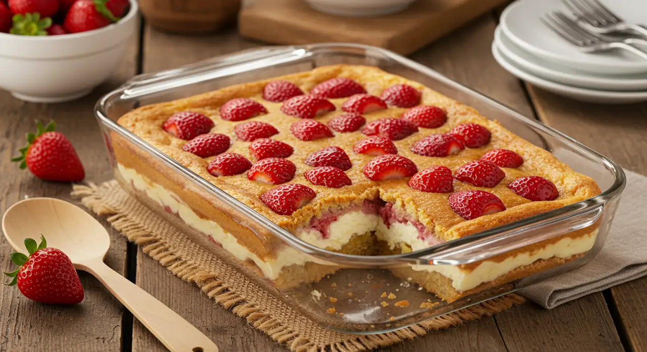 Deliciously golden and bubbly strawberry cheesecake dump cake fresh out of the oven, topped with strawberries and cheesecake layer.