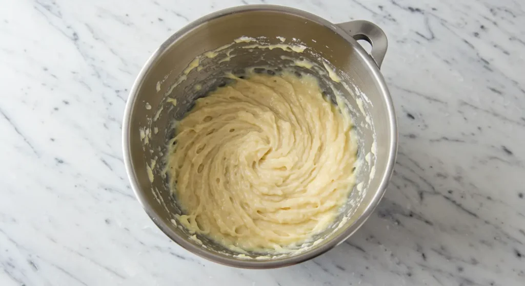 Adding dry ingredients to the wet mixture in batches, alternating with kefir, in an inox bowl.