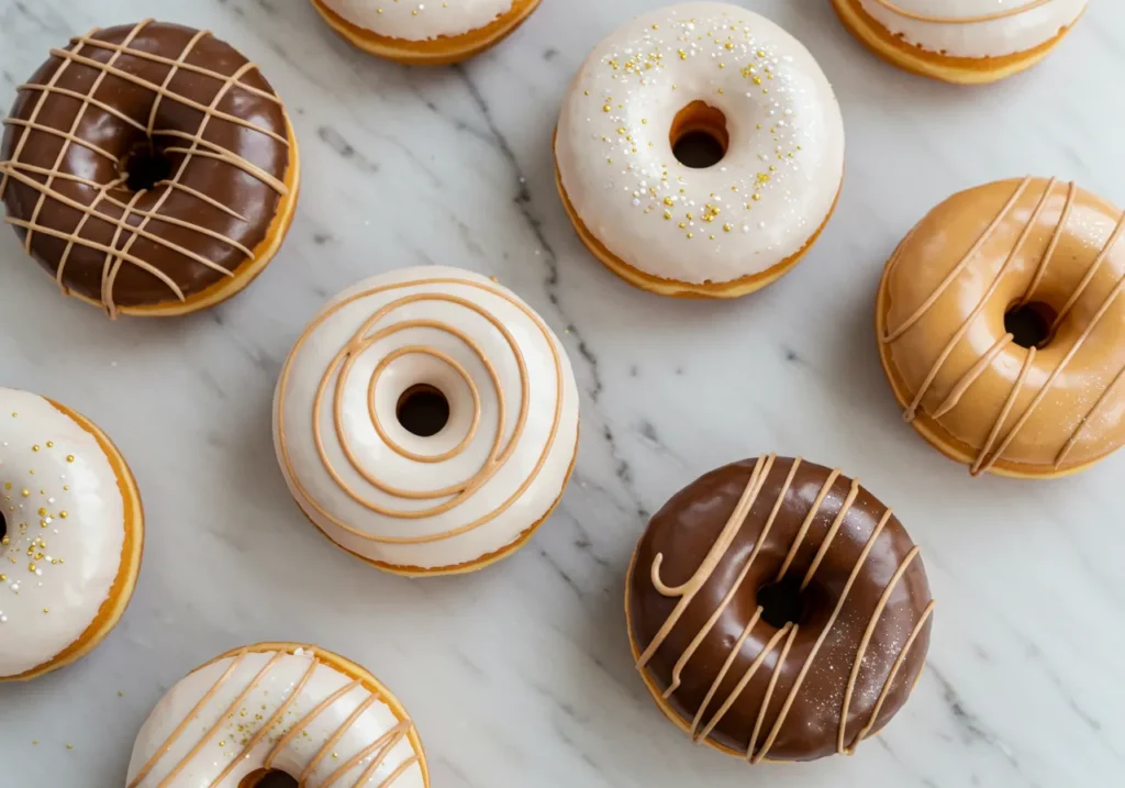 Gourmet donuts with intricate designs and edible glitter on a white marble display.