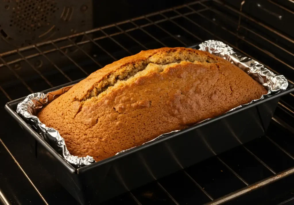 A banana bread loaf baking in the oven at 350°F, with a golden top and a toothpick testing the center for doneness.