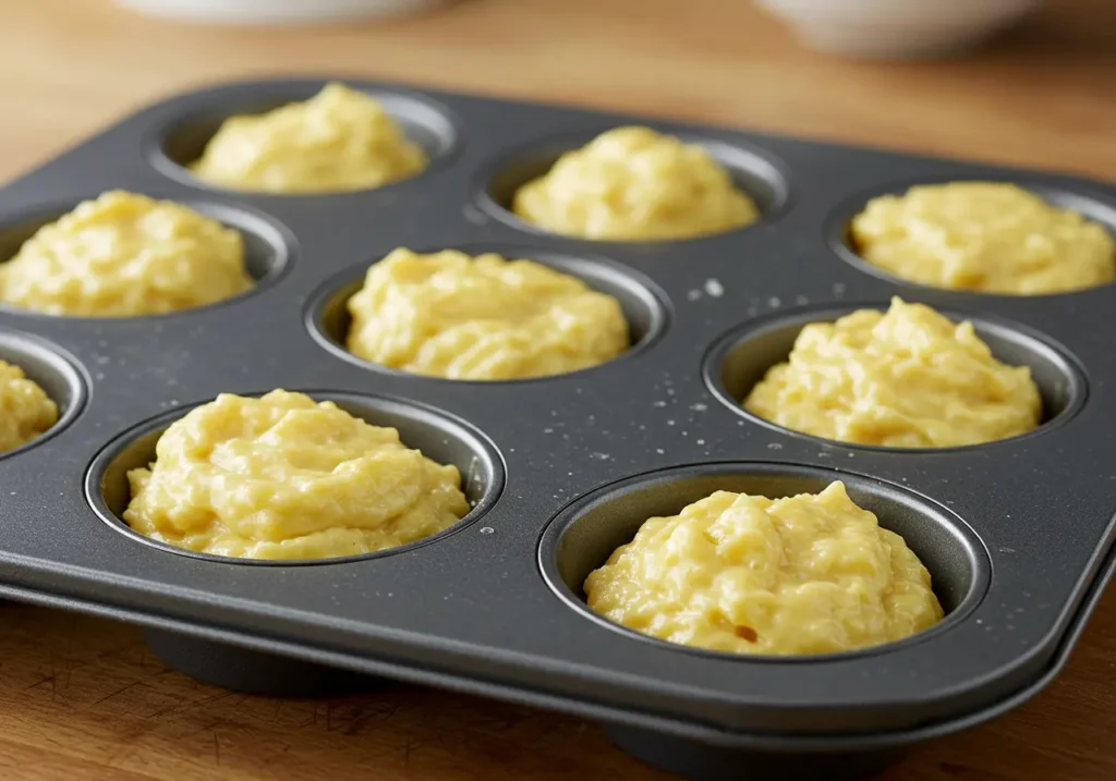 A muffin tin filled with the soaked bread mixture, packed in lightly and ready to bake. The tops are golden brown after 20-22 minutes in the oven.