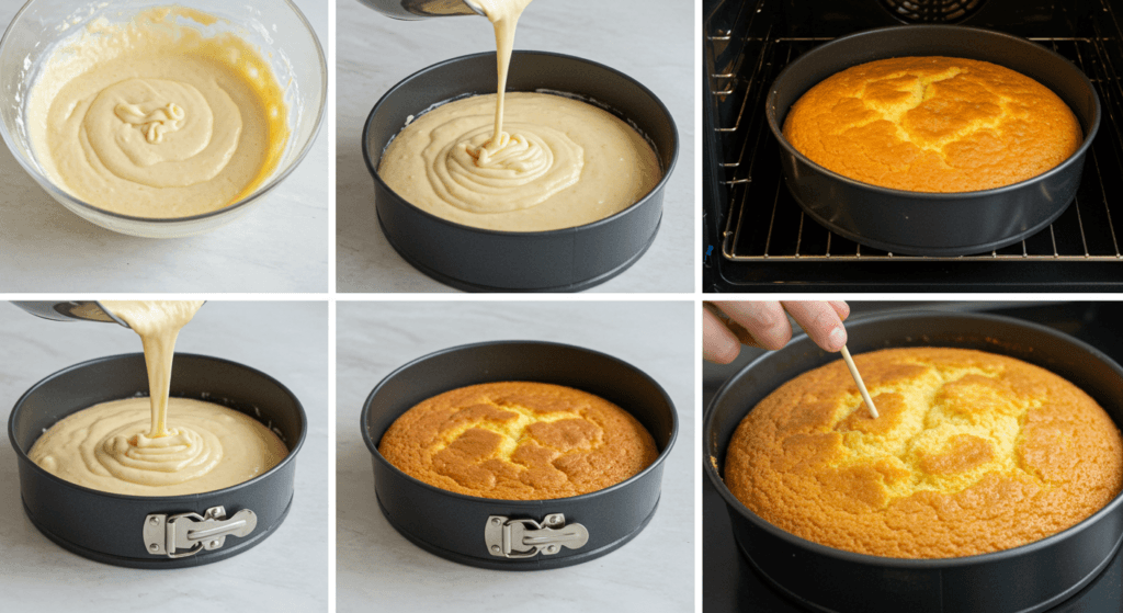 Chocolate cake batter evenly poured into cake pans, baking in the oven until set, with a toothpick ready for the doneness test.