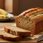 A golden, freshly baked loaf of banana bread cooling on a wire rack, with a golden-brown crust and soft texture.