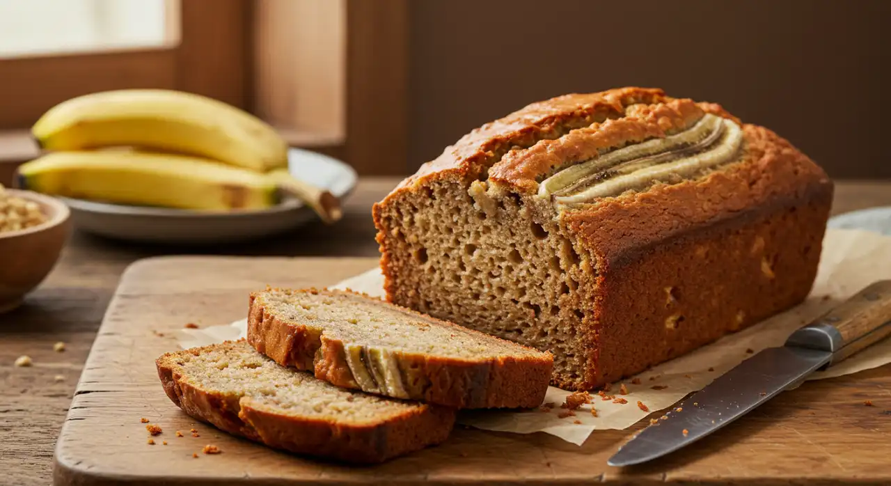 A golden, freshly baked loaf of banana bread cooling on a wire rack, with a golden-brown crust and soft texture.