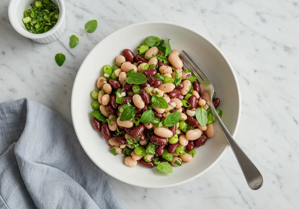 Bean salad with myth-busting facts on a chalkboard.