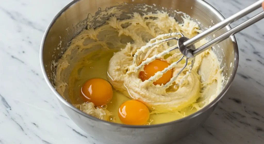 Beating eggs into the batter one at a time, followed by a splash of vanilla extract for added flavor.