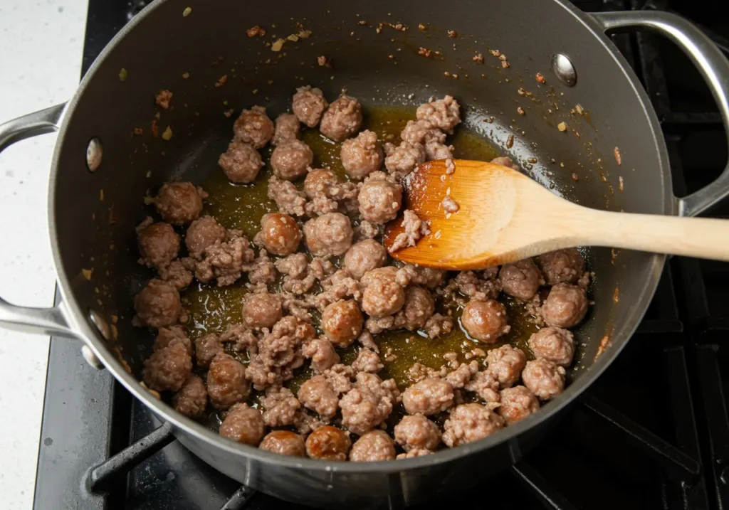 Italian sausage sizzling in a large pot with a wooden spoon breaking it into crumbles. A golden-brown sear forms as the sausage cooks, releasing its rich aroma.