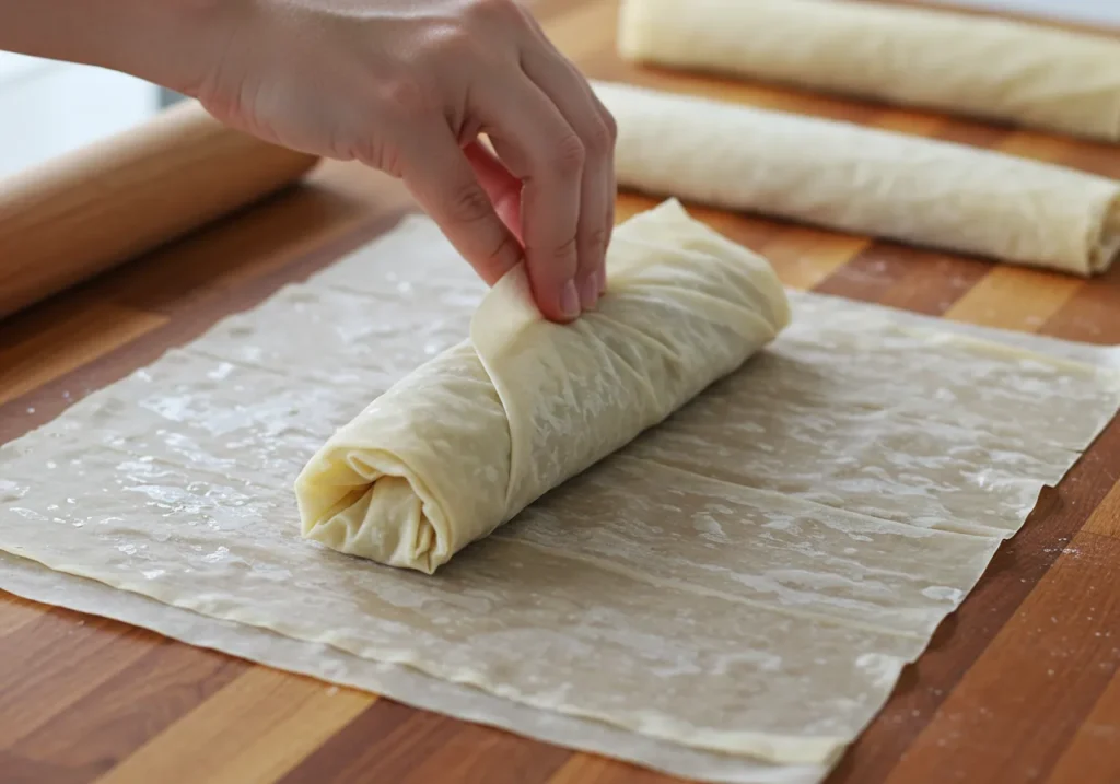 Thin filo sheets brushed with melted butter, ready to wrap around a seasoned fish fillet for a crispy, golden crust.