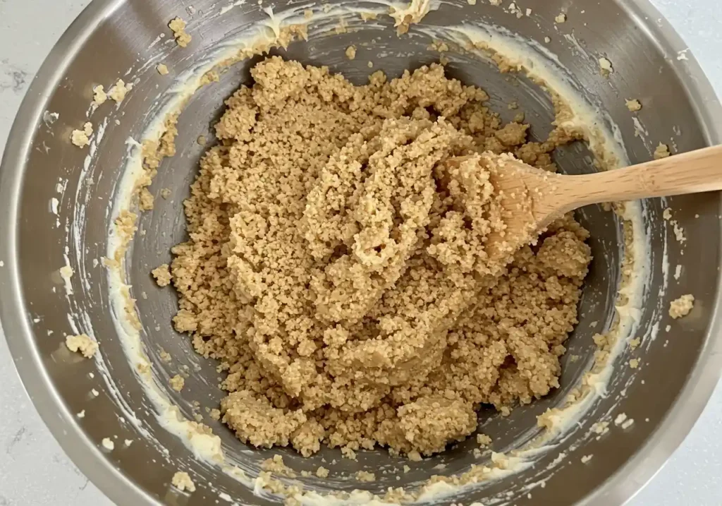 Cake crumbles in a large bowl with frosting being mixed in, creating a moist and cohesive mixture perfect for shaping.