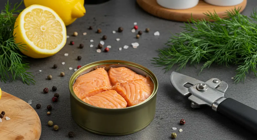 An open can of salmon with flaky pink fish, ready to be used in recipes. A fork rests beside it, showing the tender texture.