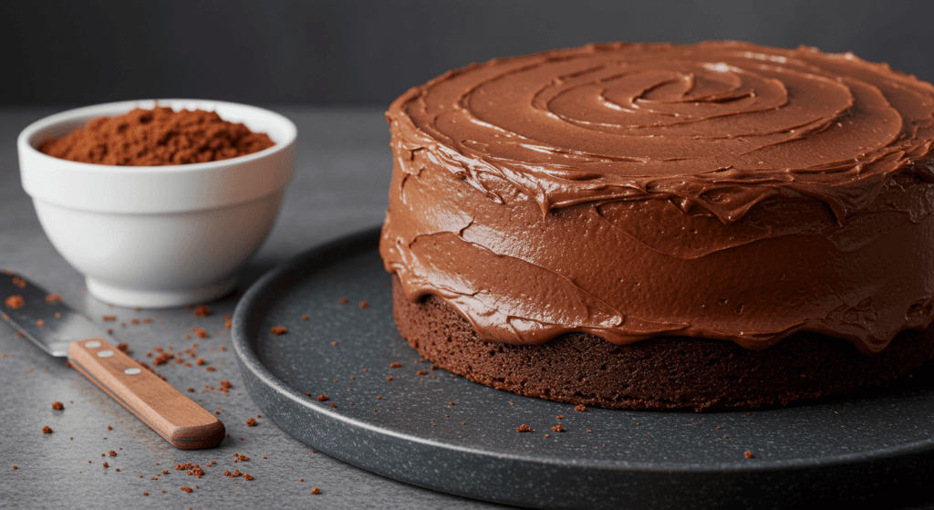 A chocolate cake with a thin crumb coat of frosting applied, ready to be covered with a final smooth, glossy layer.