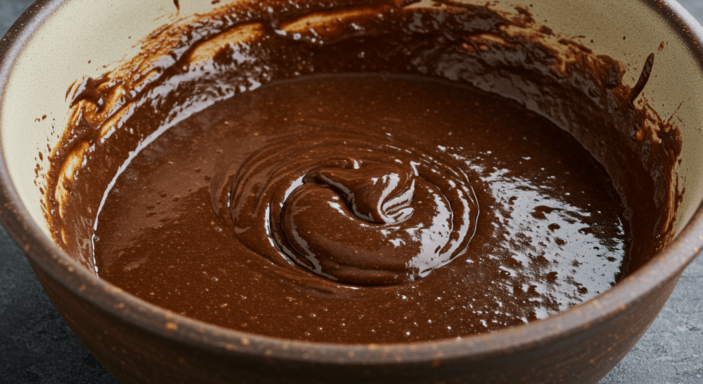 A mixing bowl with butter and cocoa powder being creamed together, with powdered sugar and heavy cream gradually added for a smooth chocolate frosting.