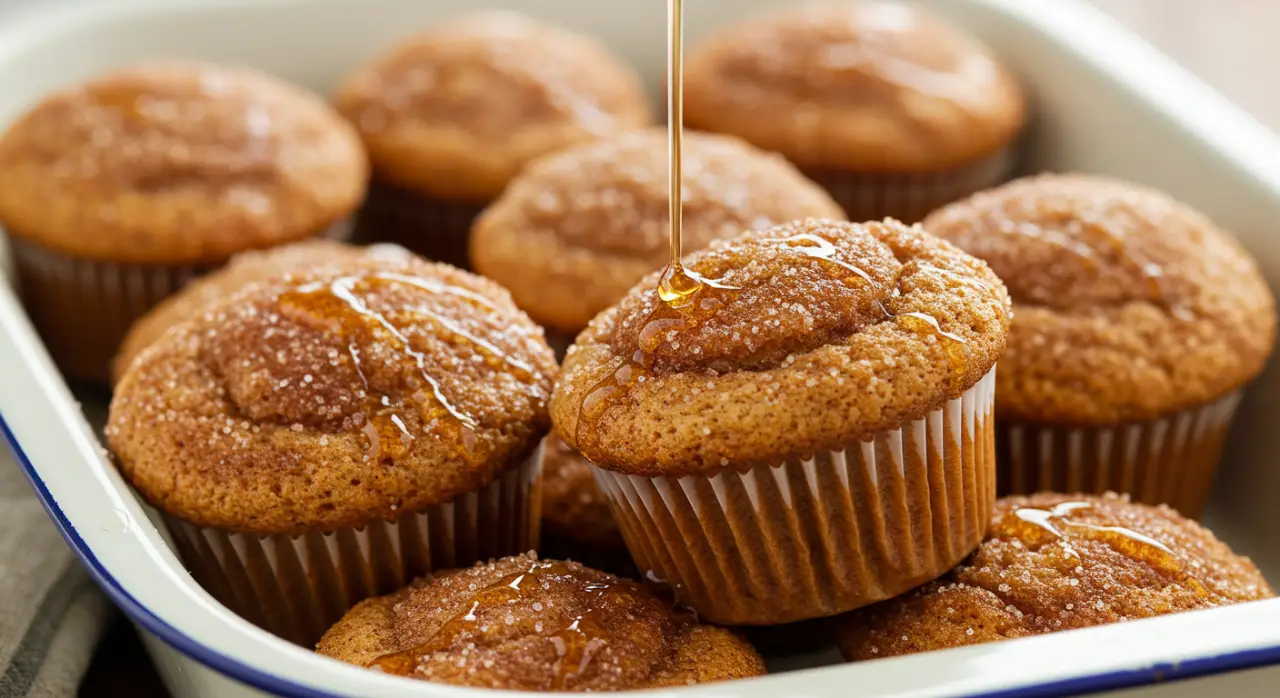 A muffin tin with golden-brown cinnamon sugar French toast muffins, topped with a sprinkle of cinnamon sugar and a light brush of melted butter.