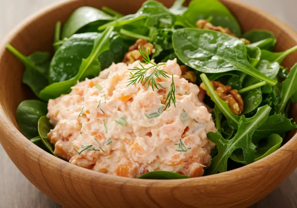 A fresh salmon salad with canned salmon, crisp greens, cherry tomatoes, cucumbers, and a light dressing, served in a bowl.