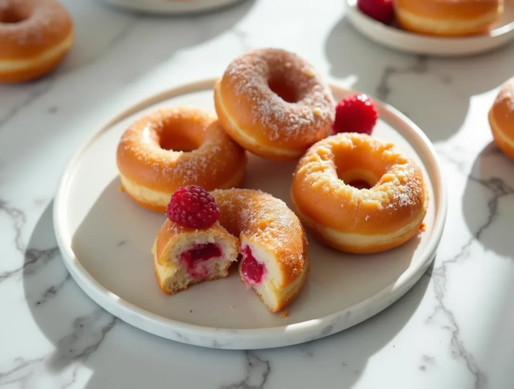 Classic gourmet donuts like Boston Cream and Jelly-Filled on a white marble plate.