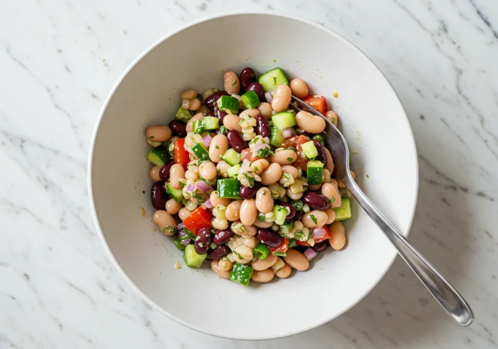 Completed bean salad in a modern white bowl.