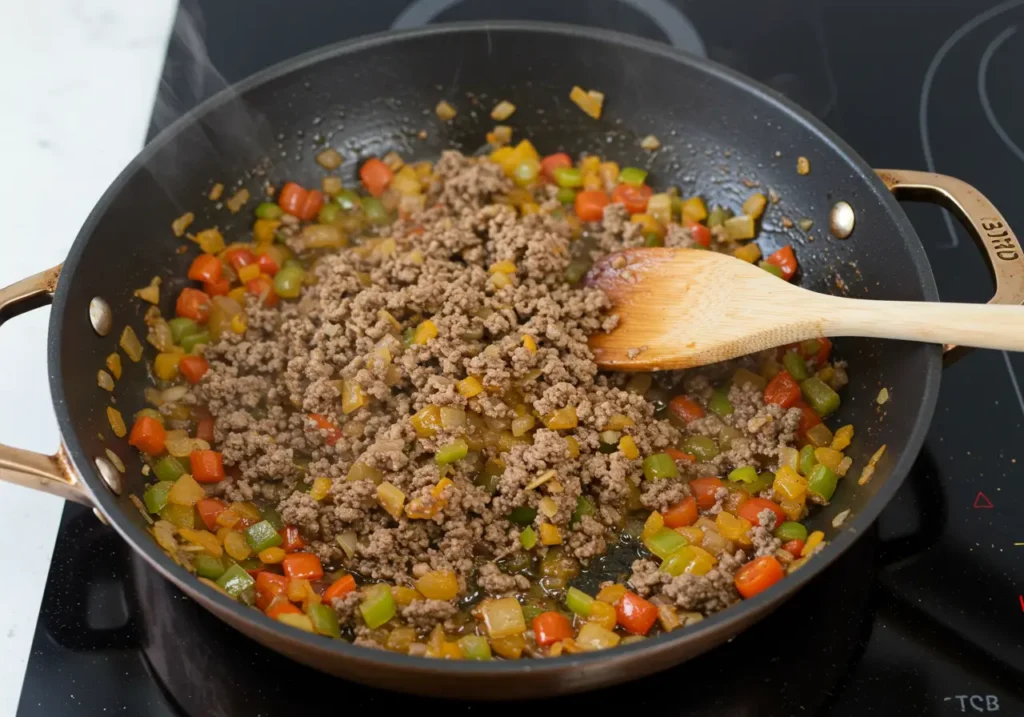 Ground beef cooking alongside sautéed vegetables for dirty rice in a skillet.