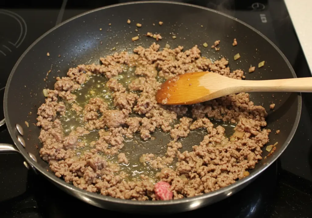 Ground beef cooking in a skillet with olive oil, being broken apart with a spoon until browned.