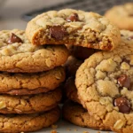A plate of freshly baked cowboy cookies with oats, chocolate chips, shredded coconut, and nuts, showing their chewy and crunchy texture.