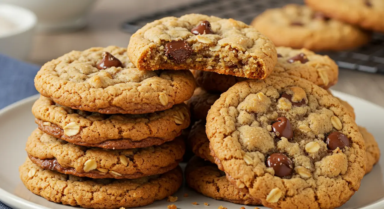 A plate of freshly baked cowboy cookies with oats, chocolate chips, shredded coconut, and nuts, showing their chewy and crunchy texture.