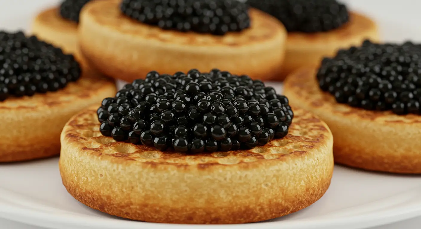 Crumpets with caviar, crème fraîche, and chives on a white marble platter.