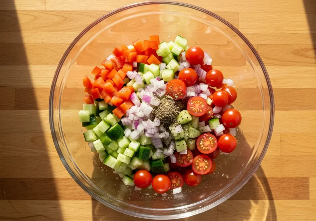 Diced bell pepper, onion, cucumber, and halved cherry tomatoes in a large mixing bowl.