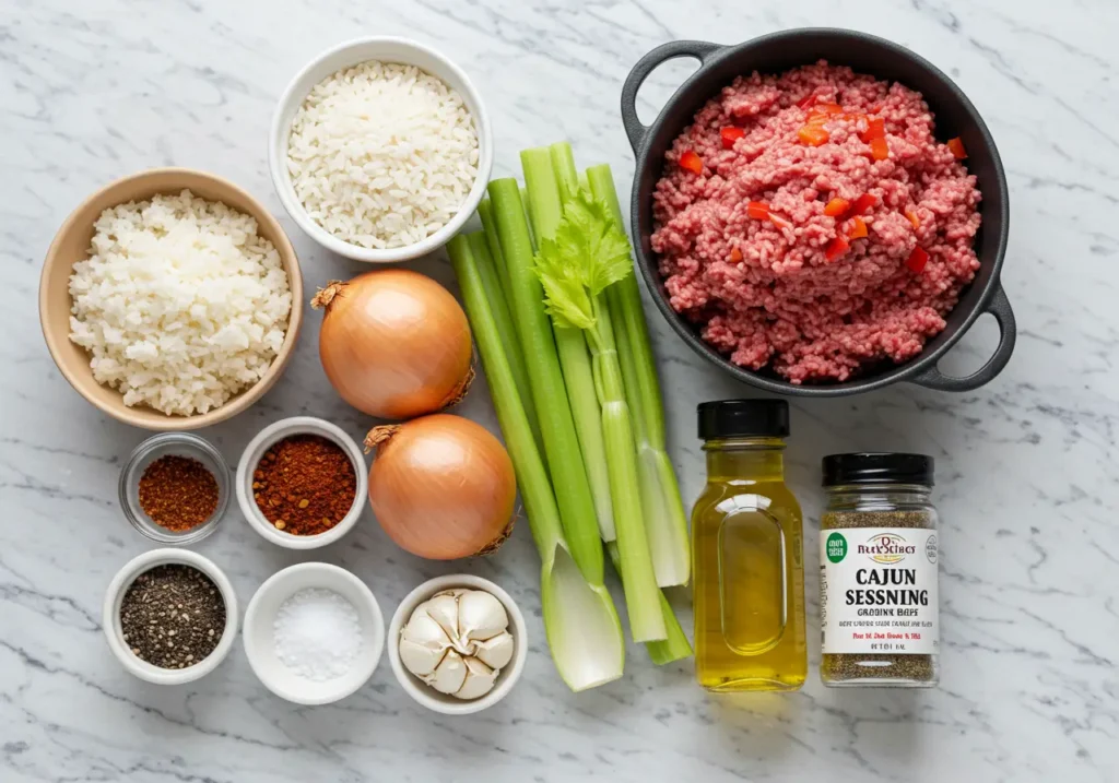 Ingredients for dirty rice with ground beef, including ground beef, white rice, Cajun seasoning, onions, bell peppers, celery, garlic, and beef broth.