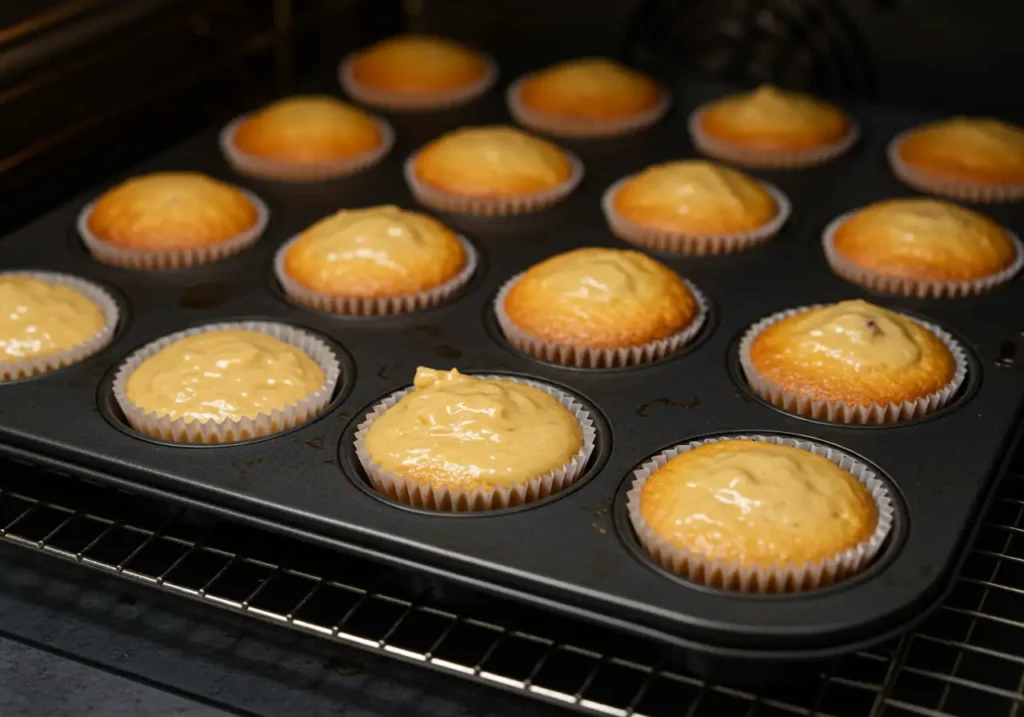 Dividing muffin batter evenly into muffin tin and baking until golden brown.