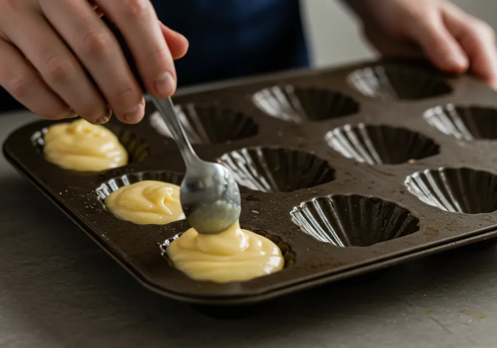 Spoon or pipe batter into a madeleine pan, filling each cavity ¾ full.