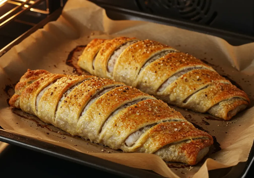 Fish wrapped in filo pastry placed on a baking sheet, ready to go into the oven for a golden, crispy finish.