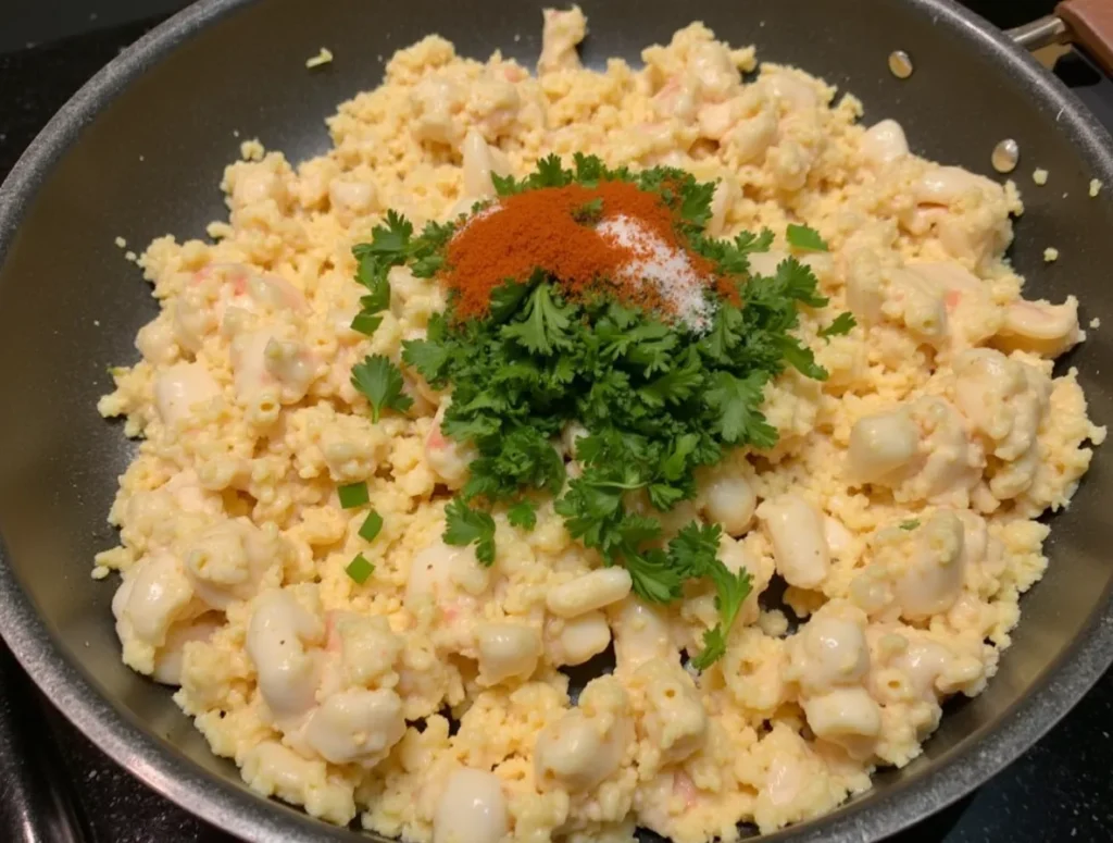 Crab meat, parsley, lemon juice, and seasonings being gently folded into a creamy mixture.